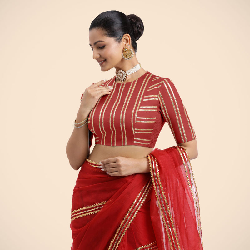 Shaheen x Tyohaar | Crimson Red Elbow Sleeves FlexiFit™ Saree Blouse with Zero Neck with Back Cut-Out and Golden Gota Embellishment-Binks
