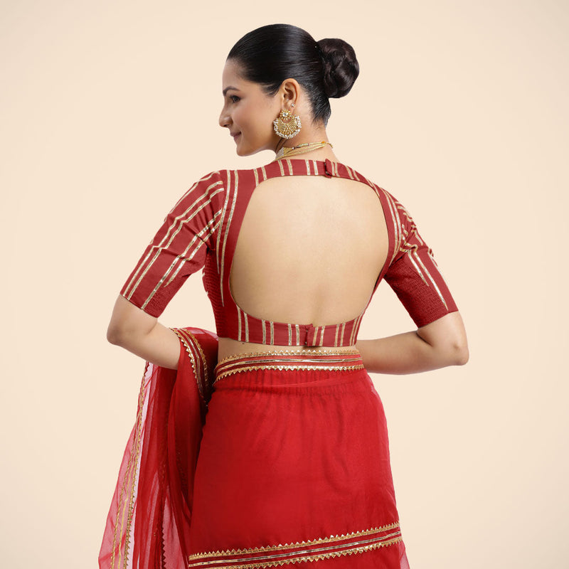 Shaheen x Tyohaar | Crimson Red Elbow Sleeves FlexiFit™ Saree Blouse with Zero Neck with Back Cut-Out and Golden Gota Embellishment-Binks
