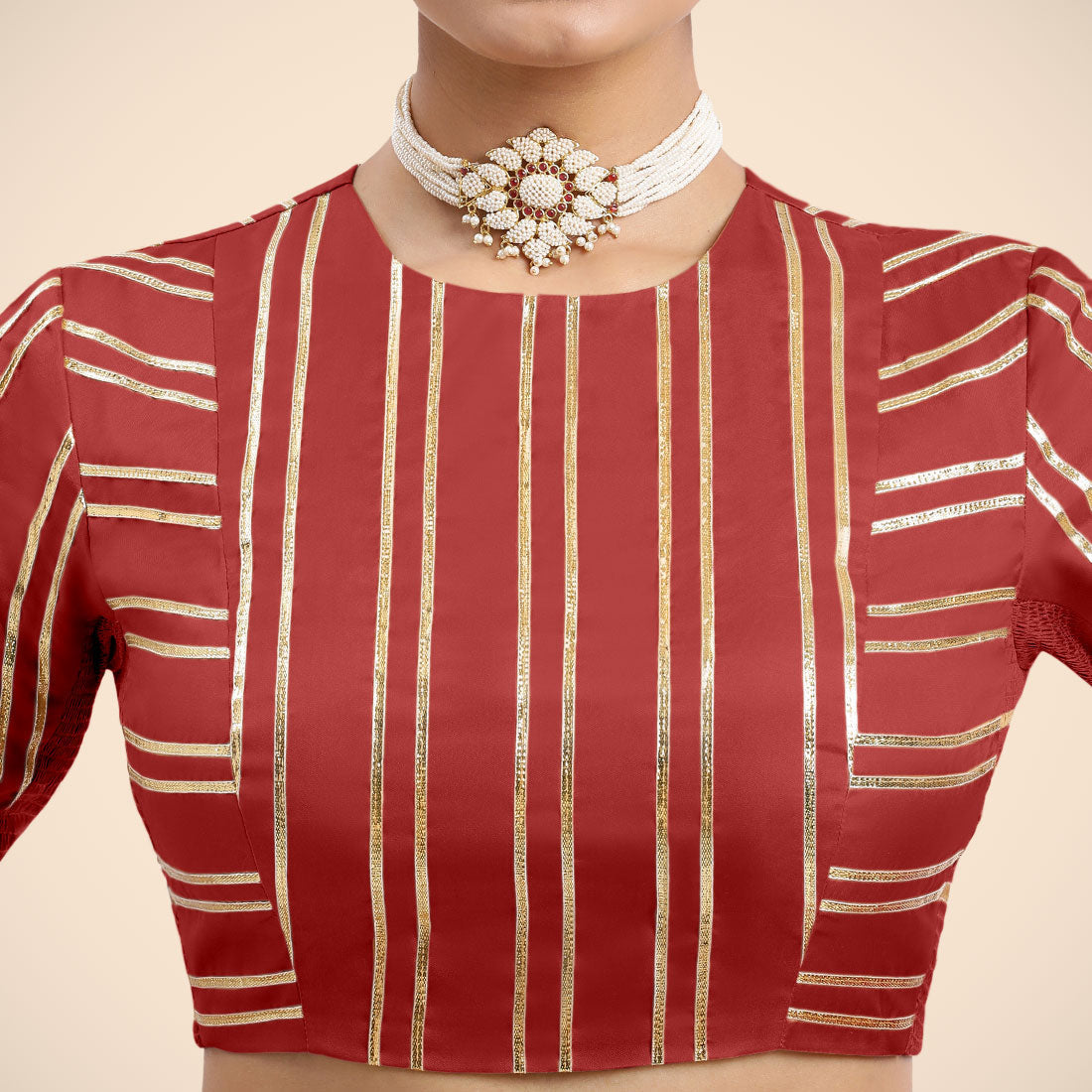 Shaheen x Tyohaar Saree Blouse, in Red Vegan Silk, featuring elbow sleeves, made for party & festive (view 8).
