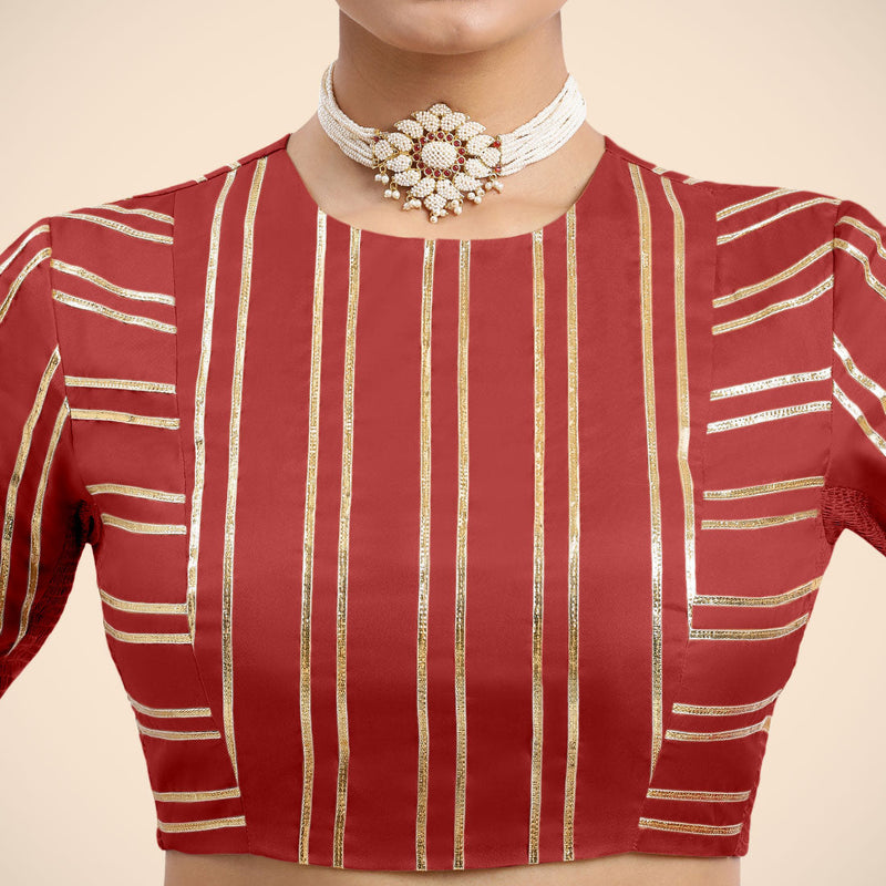 Shaheen x Tyohaar | Crimson Red Elbow Sleeves FlexiFit™ Saree Blouse with Zero Neck with Back Cut-Out and Golden Gota Embellishment-Binks