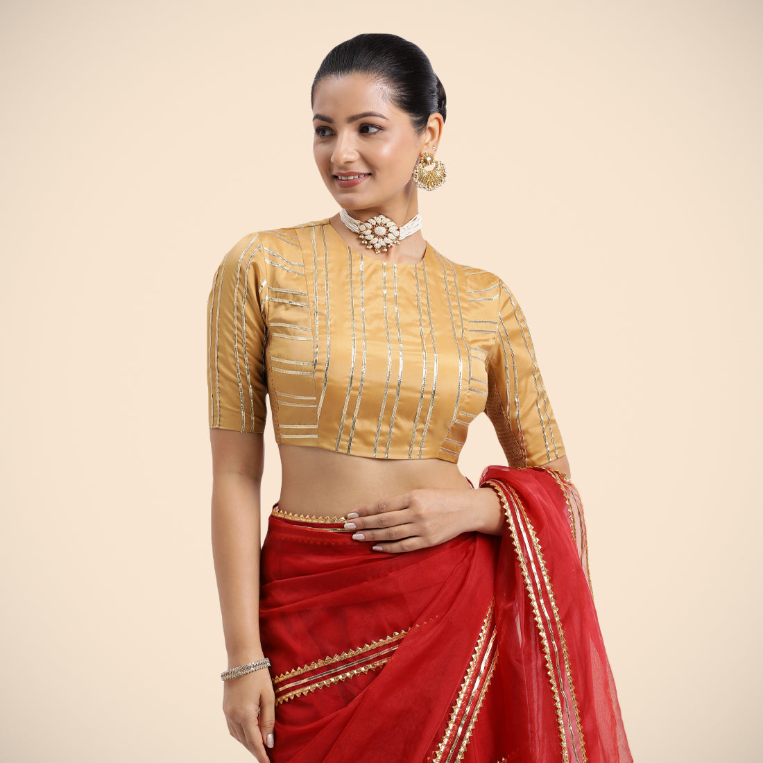 Shaheen x Tyohaar Saree Blouse, in Gold Vegan Silk, featuring elbow sleeves, made for party & festive.