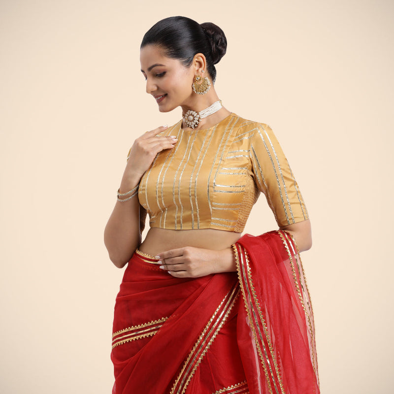 Shaheen x Tyohaar | Gold Elbow Sleeves FlexiFit™ Saree Blouse with Zero Neck with Back Cut-Out and Golden Gota Embellishment-Binks