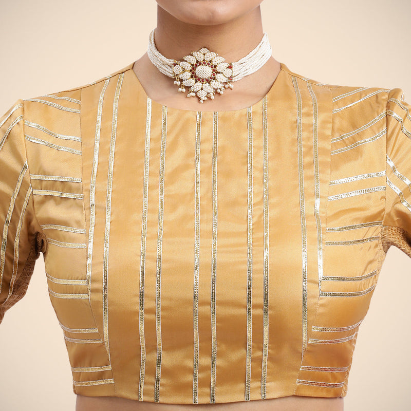 Shaheen x Tyohaar | Gold Elbow Sleeves FlexiFit™ Saree Blouse with Zero Neck with Back Cut-Out and Golden Gota Embellishment-Binks