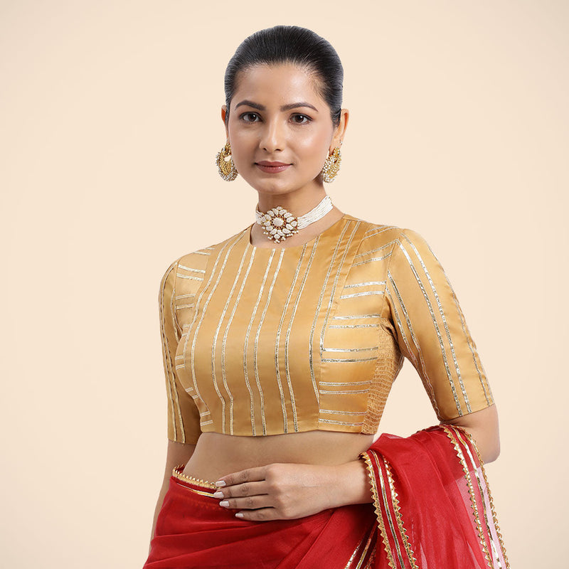 Shaheen x Tyohaar | Gold Elbow Sleeves FlexiFit™ Saree Blouse with Zero Neck with Back Cut-Out and Golden Gota Embellishment-Binks