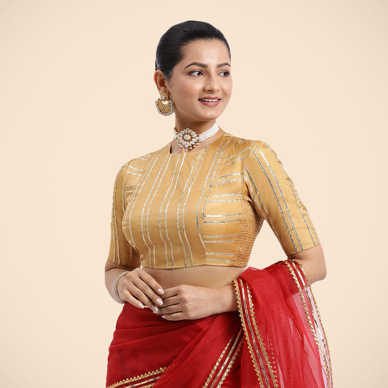 Shaheen x Tyohaar | Gold Elbow Sleeves FlexiFit™ Saree Blouse with Zero Neck with Back Cut-Out and Golden Gota Embellishment-Binks