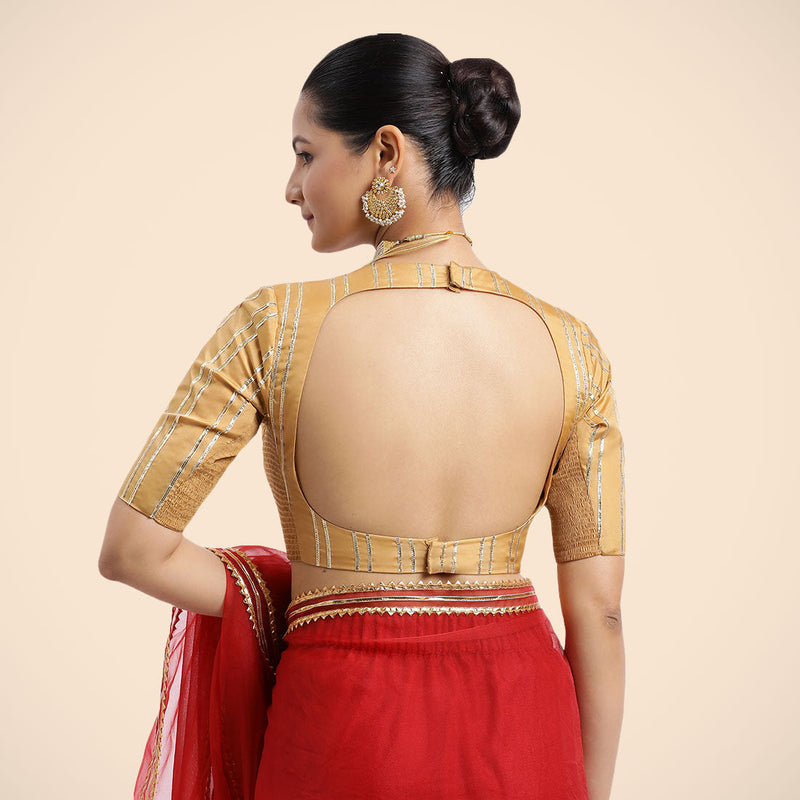 Shaheen x Tyohaar | Gold Elbow Sleeves FlexiFit™ Saree Blouse with Zero Neck with Back Cut-Out and Golden Gota Embellishment-Binks
