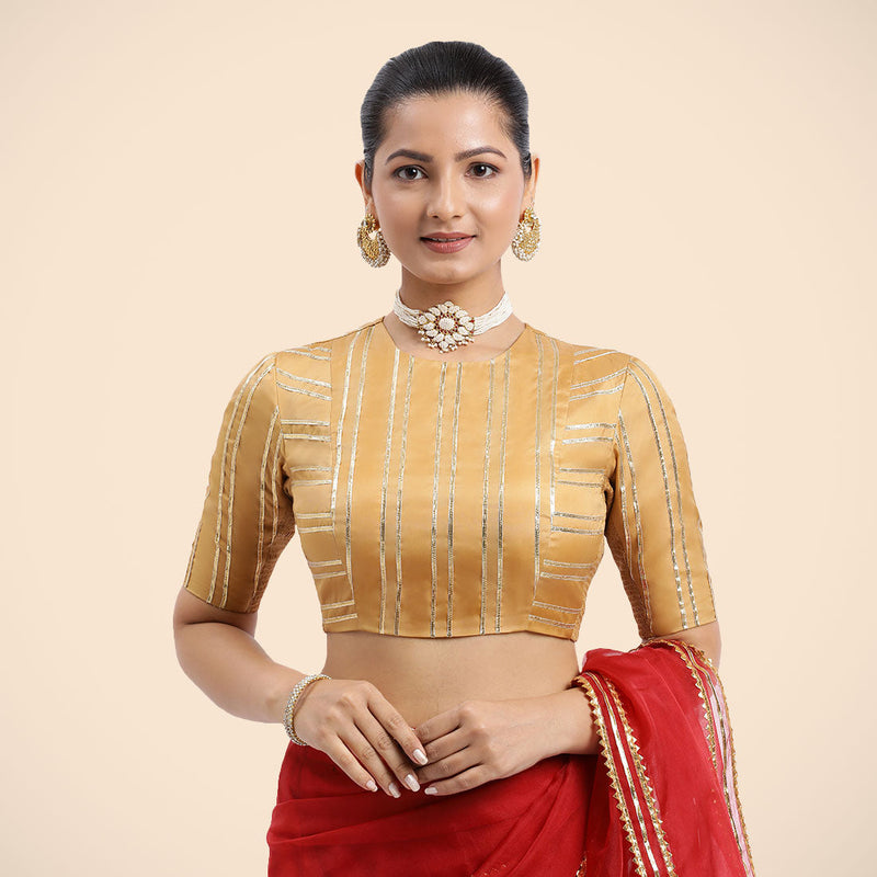 Shaheen x Tyohaar | Gold Elbow Sleeves FlexiFit™ Saree Blouse with Zero Neck with Back Cut-Out and Golden Gota Embellishment-Binks