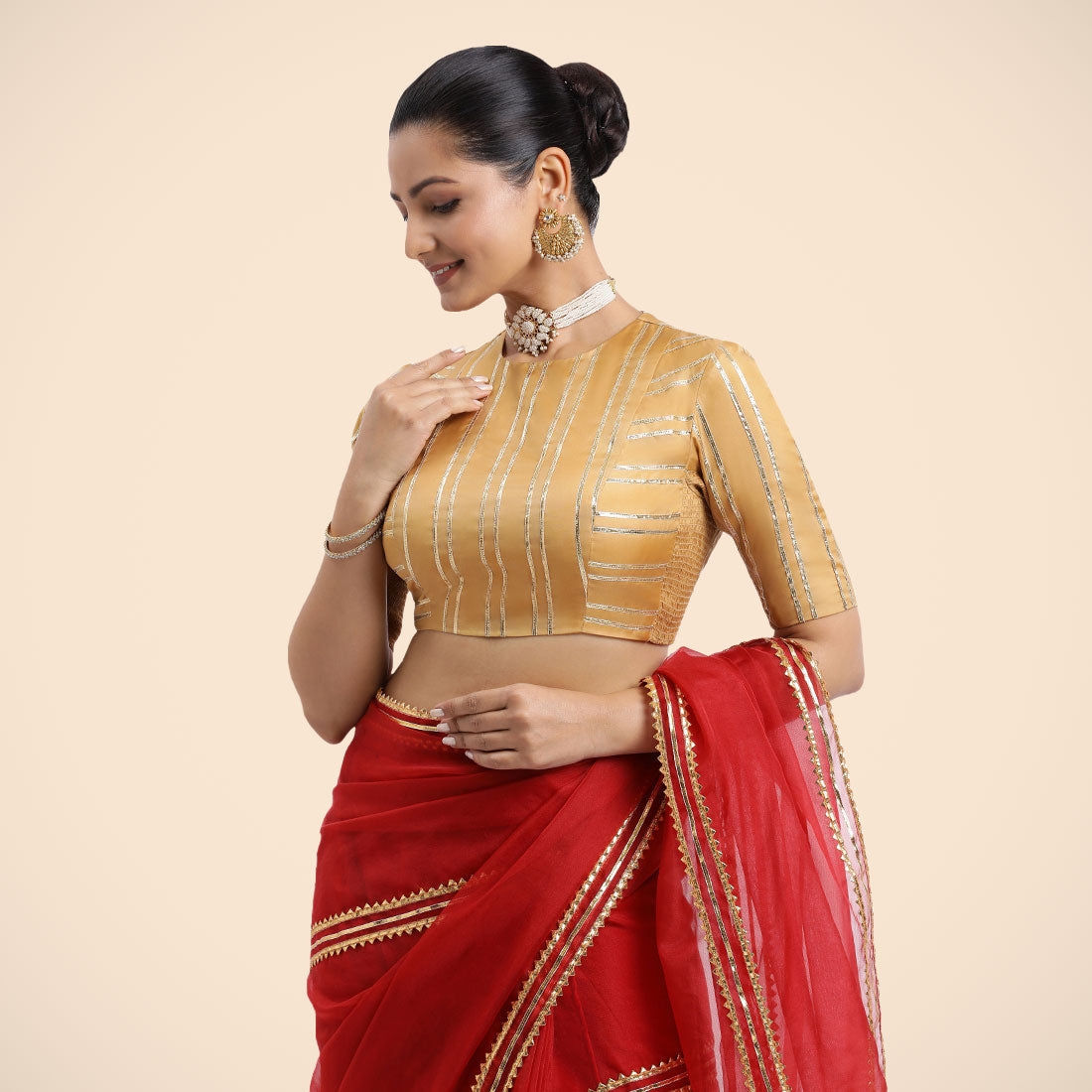 Shaheen x Tyohaar Saree Blouse, in Gold Vegan Silk, featuring elbow sleeves, made for party & festive (view 3).