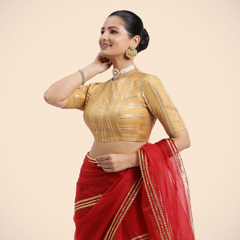 Shaheen x Tyohaar | Gold Elbow Sleeves FlexiFit™ Saree Blouse with Zero Neck with Back Cut-Out and Golden Gota Embellishment-Binks