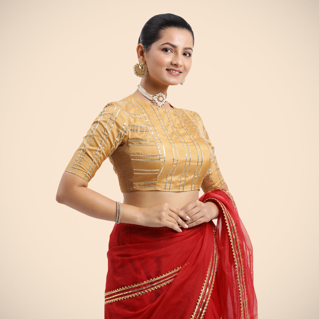 Shaheen x Tyohaar Saree Blouse, in Gold Vegan Silk, featuring elbow sleeves, made for party & festive (view 5).