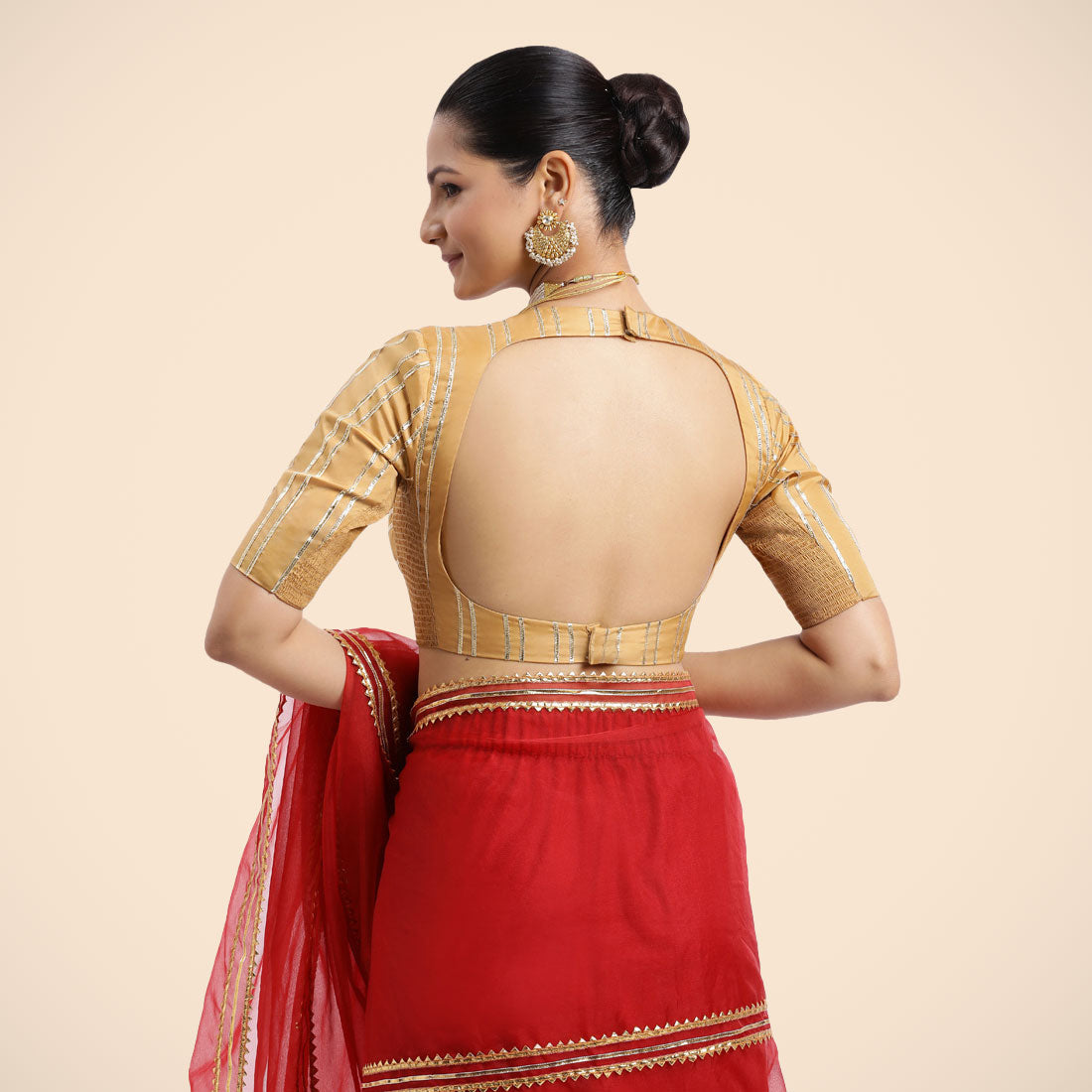 Shaheen x Tyohaar Saree Blouse, in Gold Vegan Silk, featuring elbow sleeves, made for party & festive (view 6).