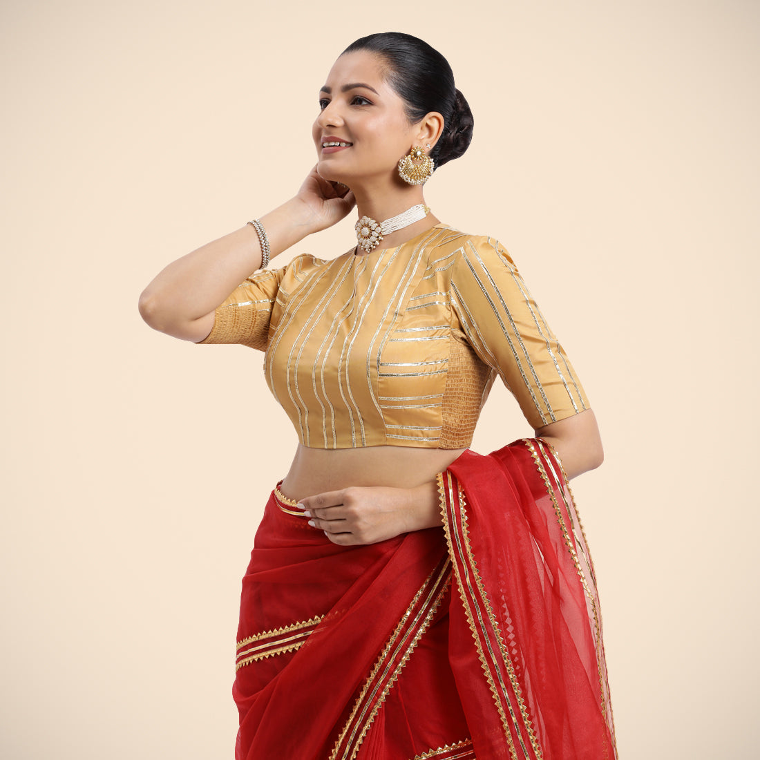 Shaheen x Tyohaar Saree Blouse, in Gold Vegan Silk, featuring elbow sleeves, made for party & festive (view 7).