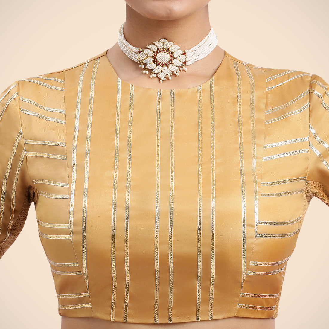 Shaheen x Tyohaar Saree Blouse, in Gold Vegan Silk, featuring elbow sleeves, made for party & festive (view 8).
