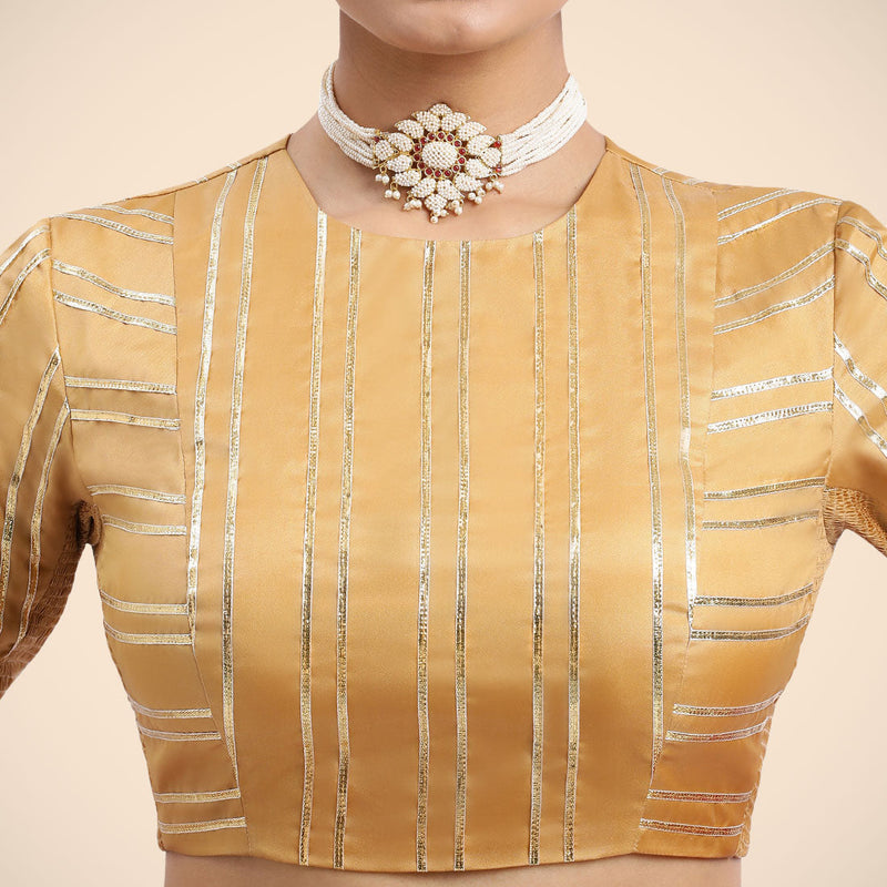 Shaheen x Tyohaar | Gold Elbow Sleeves FlexiFit™ Saree Blouse with Zero Neck with Back Cut-Out and Golden Gota Embellishment-Binks