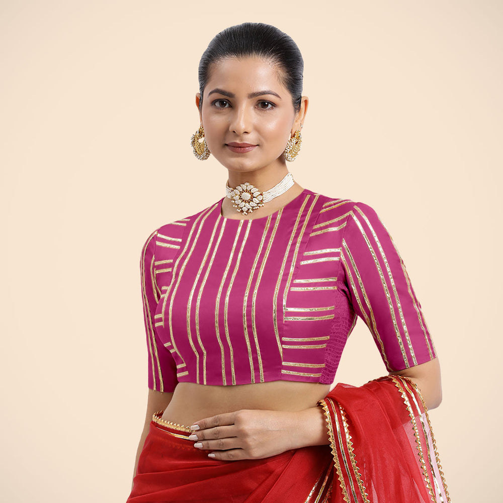 Shaheen x Tyohaar | Elbow Sleeves Hot Pink FlexiFit™ Gota Embellished Saree Blouse with Jewel Neck