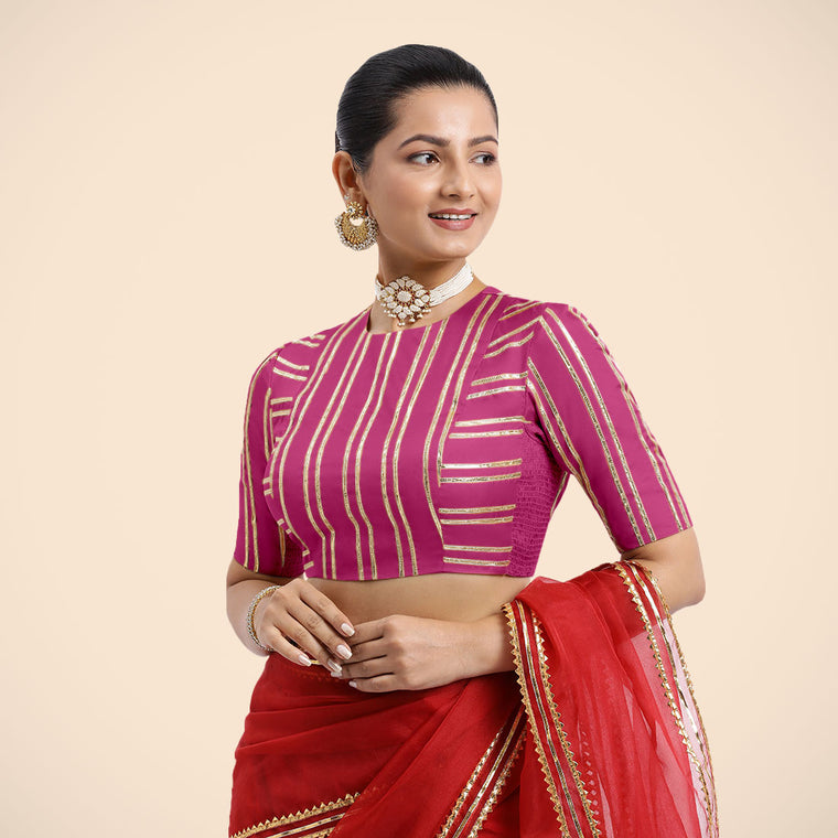 Shaheen x Tyohaar Saree Blouse, in Pink Vegan Silk, featuring elbow sleeves and jewel neckline, made for party & festive.