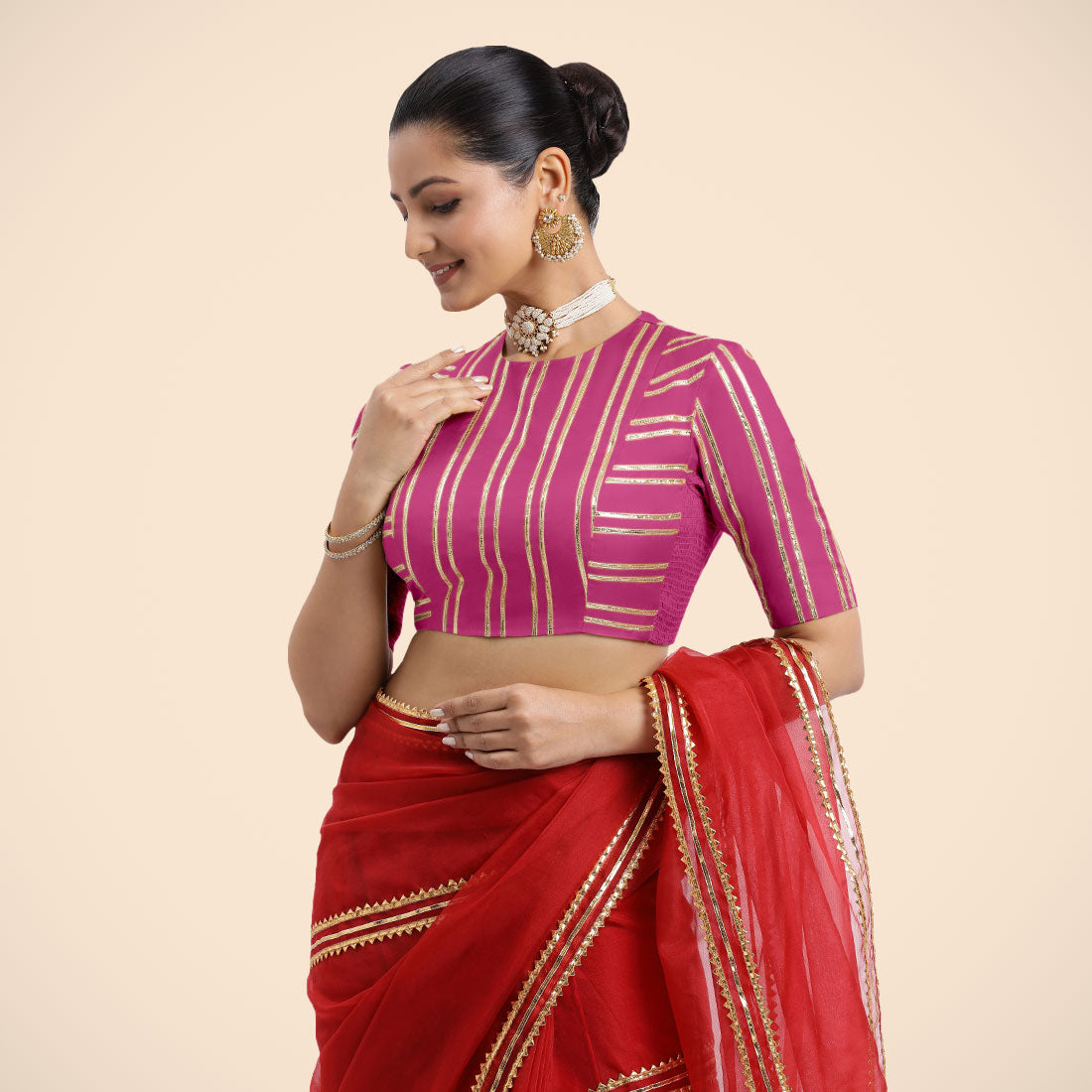 Shaheen x Tyohaar Saree Blouse, in Pink Vegan Silk, featuring elbow sleeves and jewel neckline, made for party & festive.