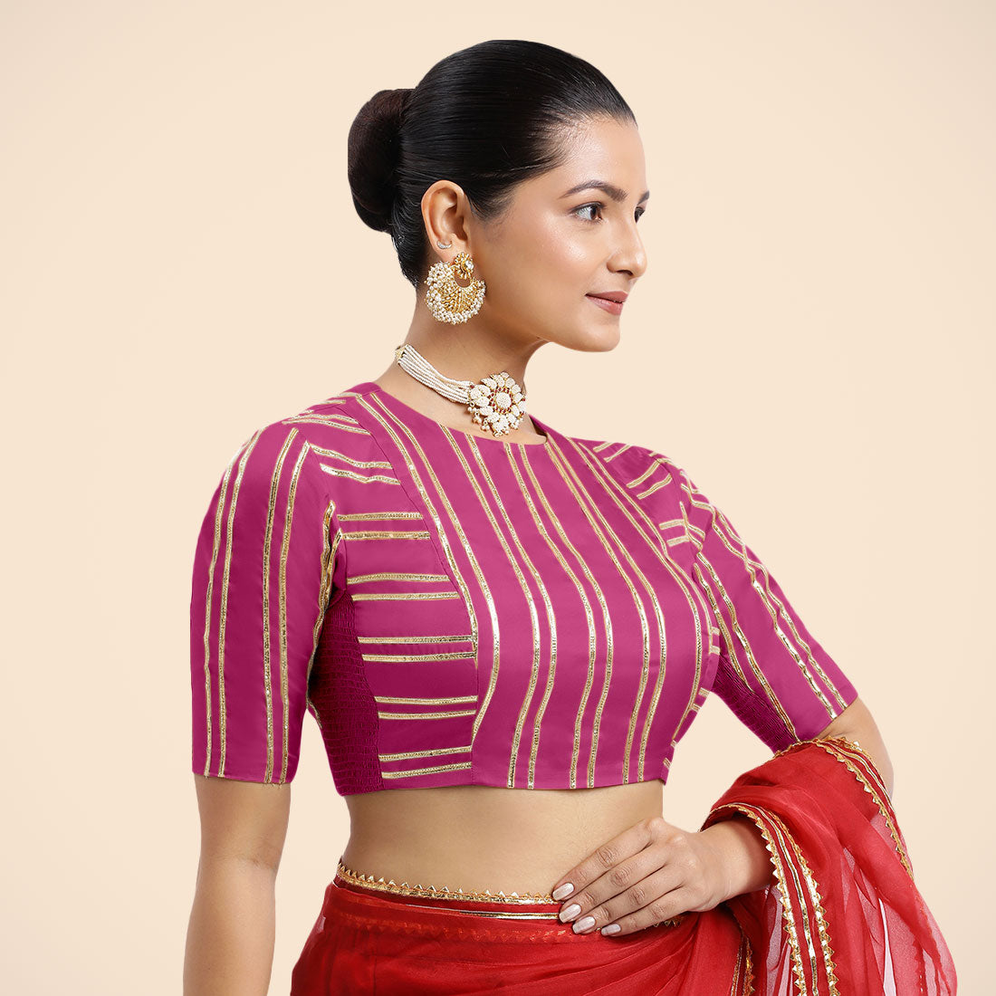 Shaheen x Tyohaar Saree Blouse, in Pink Vegan Silk, featuring elbow sleeves and jewel neckline, made for party & festive.