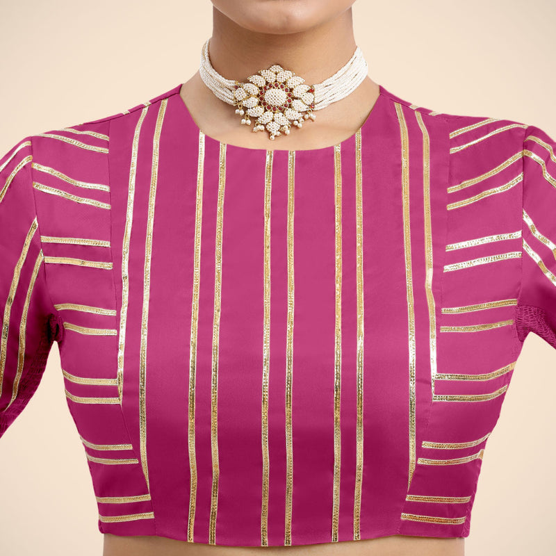 Shaheen x Tyohaar | Elbow Sleeves Hot Pink FlexiFit™ Gota Embellished Saree Blouse with Jewel Neck-Binks