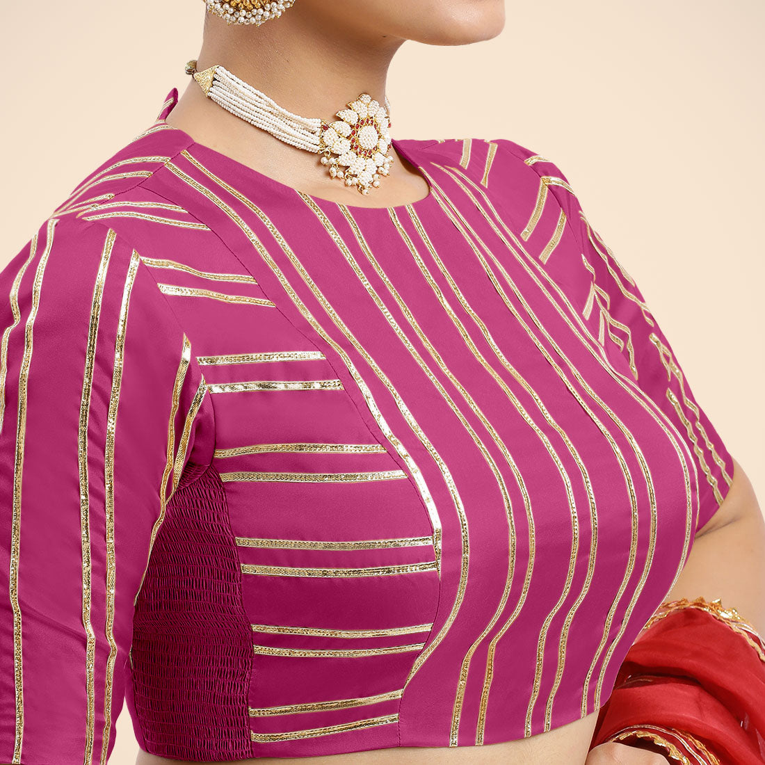 Shaheen x Tyohaar Saree Blouse, in Pink Vegan Silk, featuring elbow sleeves and jewel neckline, made for party & festive.