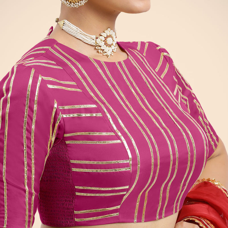 Shaheen x Tyohaar | Elbow Sleeves Hot Pink FlexiFit™ Gota Embellished Saree Blouse with Jewel Neck-Binks