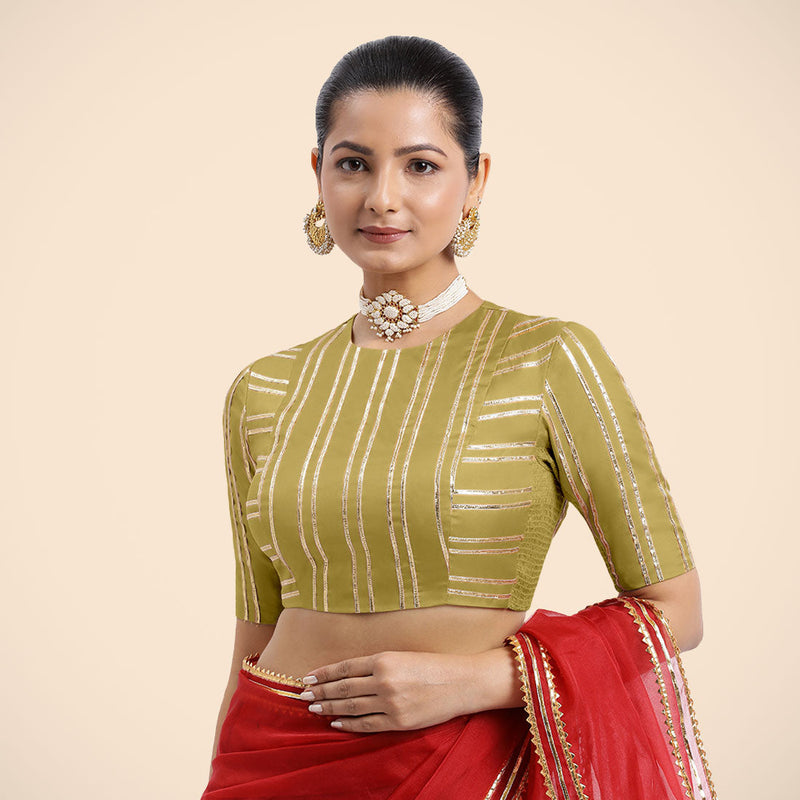 Shaheen x Tyohaar | Lemon Yellow Elbow Sleeves FlexiFit™ Saree Blouse with Zero Neck with Back Cut-Out and Golden Gota Embellishment-Binks