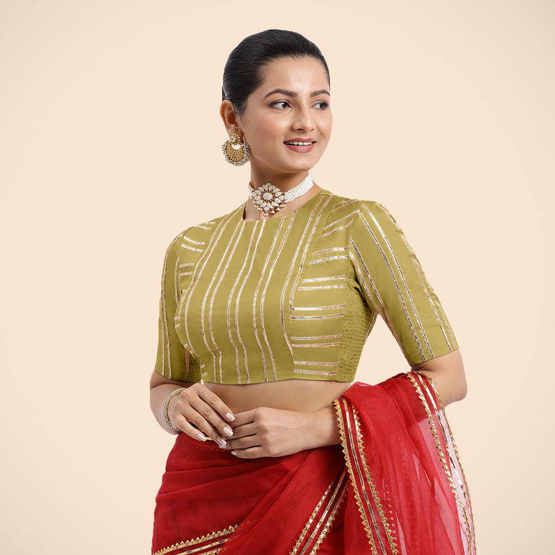 Shaheen x Tyohaar | Lemon Yellow Elbow Sleeves FlexiFit™ Saree Blouse with Zero Neck with Back Cut-Out and Golden Gota Embellishment-Binks