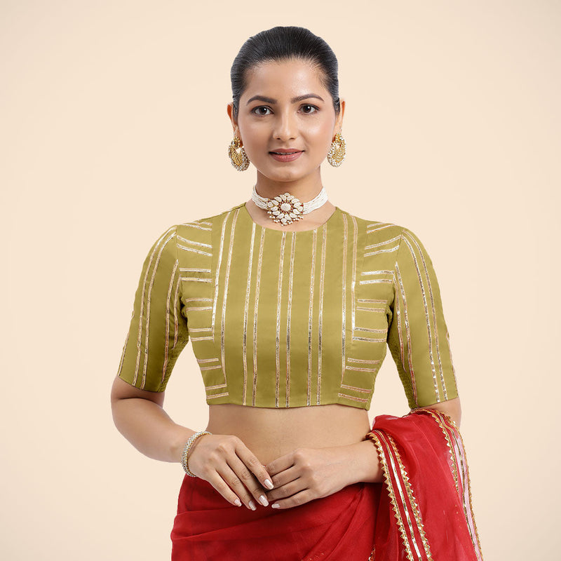 Shaheen x Tyohaar | Lemon Yellow Elbow Sleeves FlexiFit™ Saree Blouse with Zero Neck with Back Cut-Out and Golden Gota Embellishment-Binks