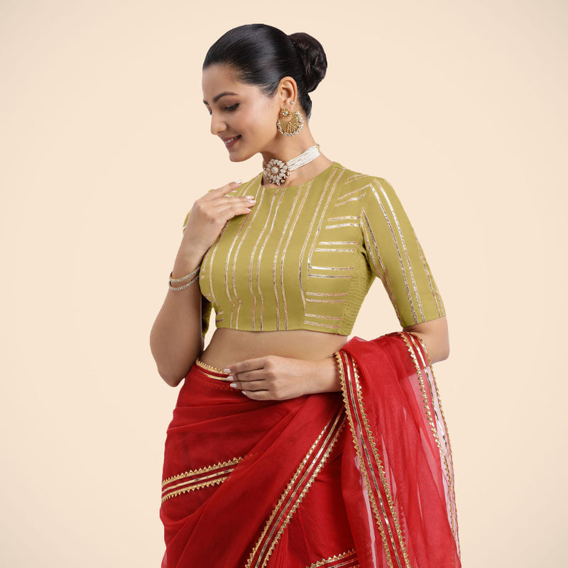 Shaheen x Tyohaar | Lemon Yellow Elbow Sleeves FlexiFit™ Saree Blouse with Zero Neck with Back Cut-Out and Golden Gota Embellishment-Binks