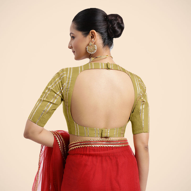 Shaheen x Tyohaar | Lemon Yellow Elbow Sleeves FlexiFit™ Saree Blouse with Zero Neck with Back Cut-Out and Golden Gota Embellishment-Binks