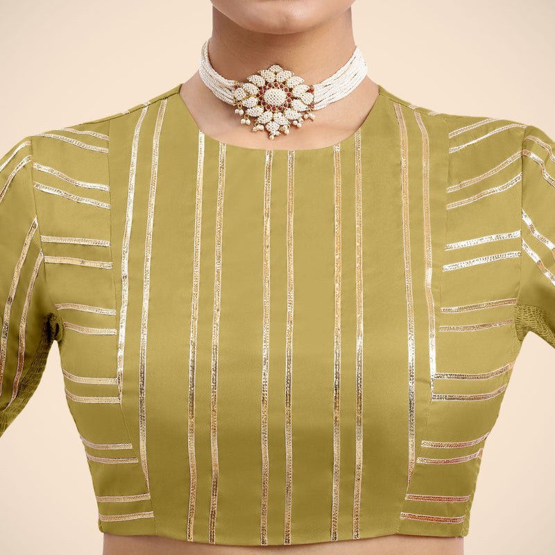 Shaheen x Tyohaar | Lemon Yellow Elbow Sleeves FlexiFit™ Saree Blouse with Zero Neck with Back Cut-Out and Golden Gota Embellishment-Binks