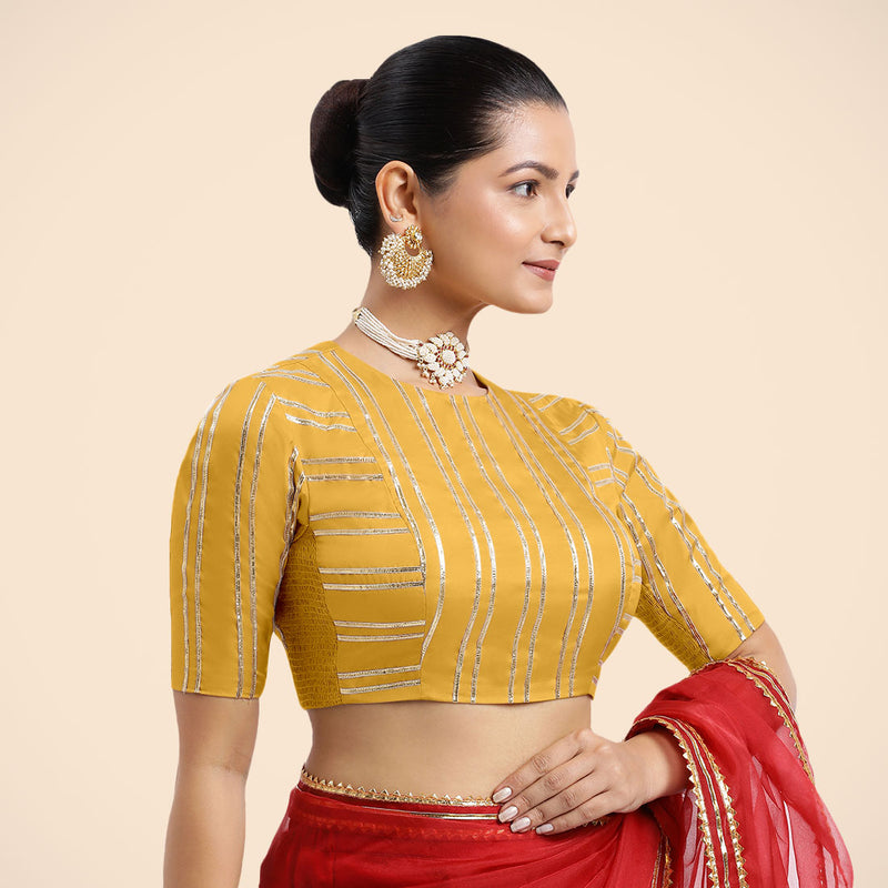 Shaheen x Tyohaar | Elbow Sleeves Marigold Yellow FlexiFit™ Gota Embellished Saree Blouse with Jewel Neck-Binks