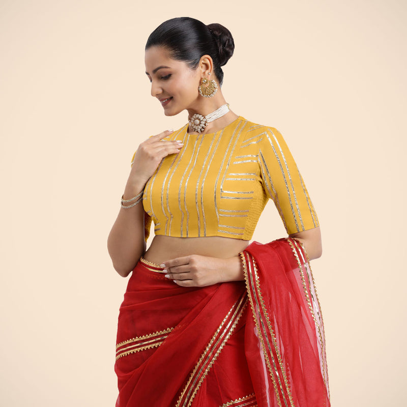 Shaheen x Tyohaar | Elbow Sleeves Marigold Yellow FlexiFit™ Gota Embellished Saree Blouse with Jewel Neck-Binks
