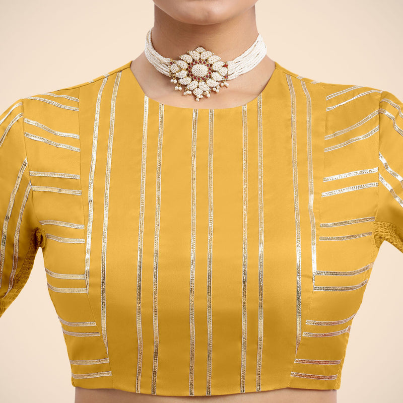 Shaheen x Tyohaar | Elbow Sleeves Marigold Yellow FlexiFit™ Gota Embellished Saree Blouse with Jewel Neck-Binks