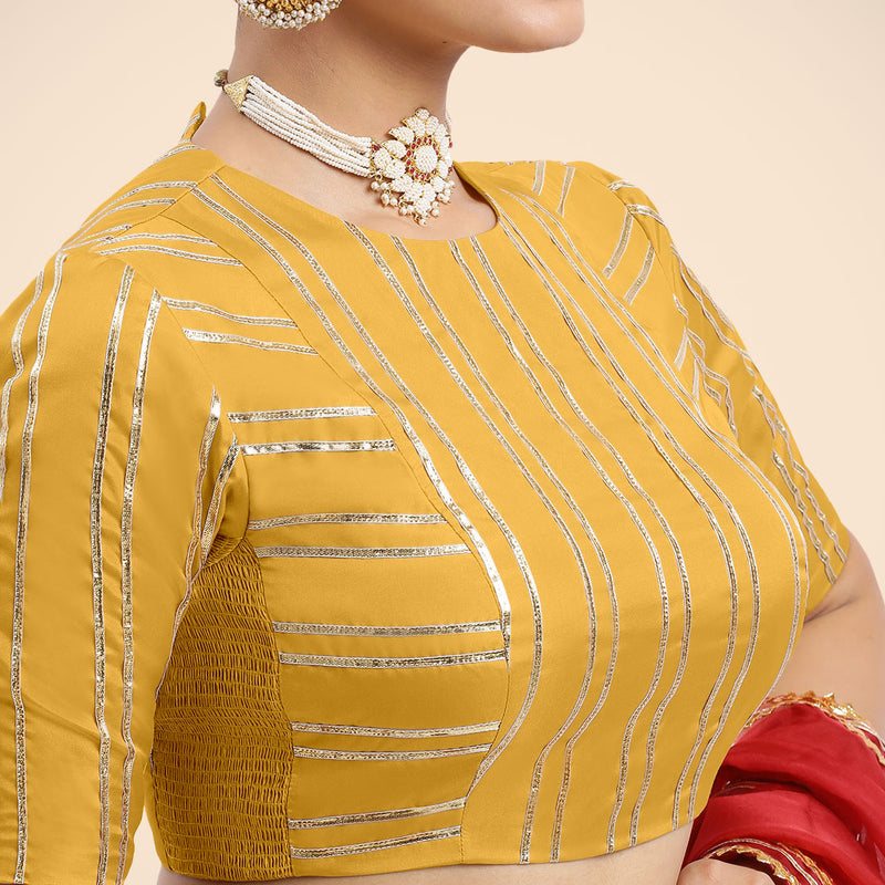 Shaheen x Tyohaar | Elbow Sleeves Marigold Yellow FlexiFit™ Gota Embellished Saree Blouse with Jewel Neck-Binks