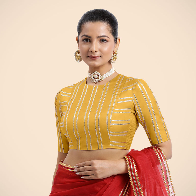 Shaheen x Tyohaar | Elbow Sleeves Marigold Yellow FlexiFit™ Gota Embellished Saree Blouse with Jewel Neck-Binks