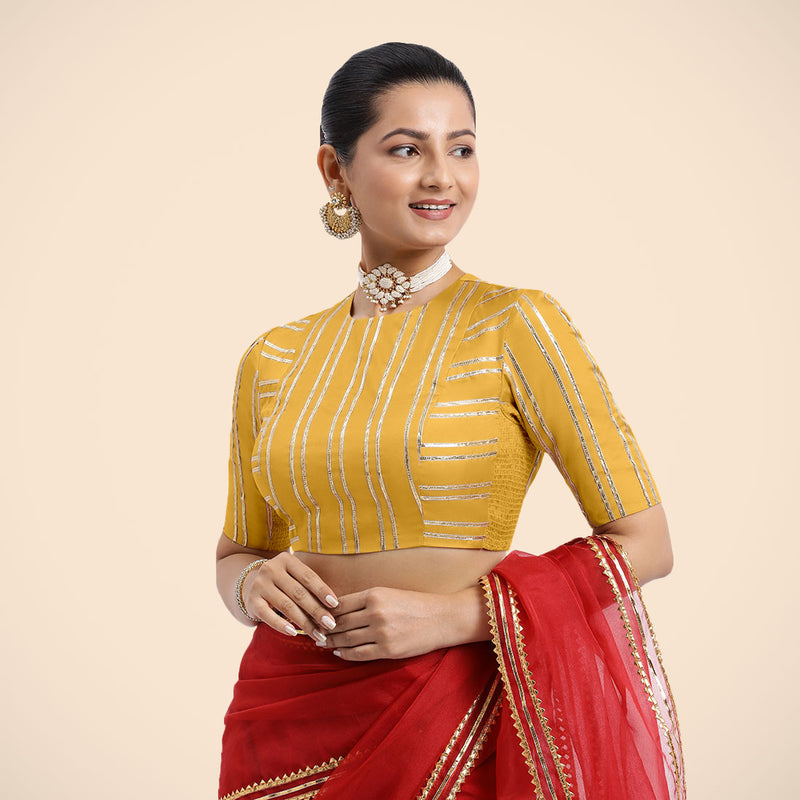 Shaheen x Tyohaar | Elbow Sleeves Marigold Yellow FlexiFit™ Gota Embellished Saree Blouse with Jewel Neck-Binks