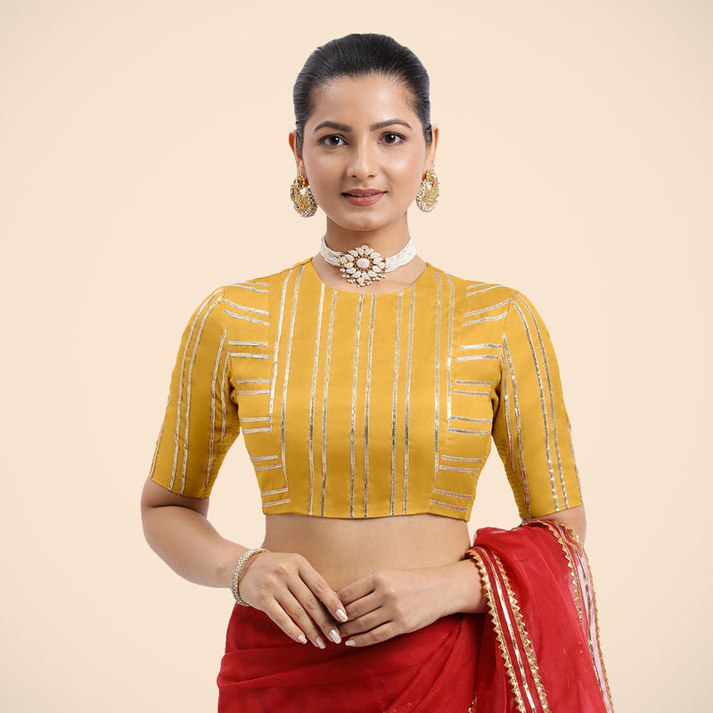 Shaheen x Tyohaar | Elbow Sleeves Marigold Yellow FlexiFit™ Gota Embellished Saree Blouse with Jewel Neck-Binks