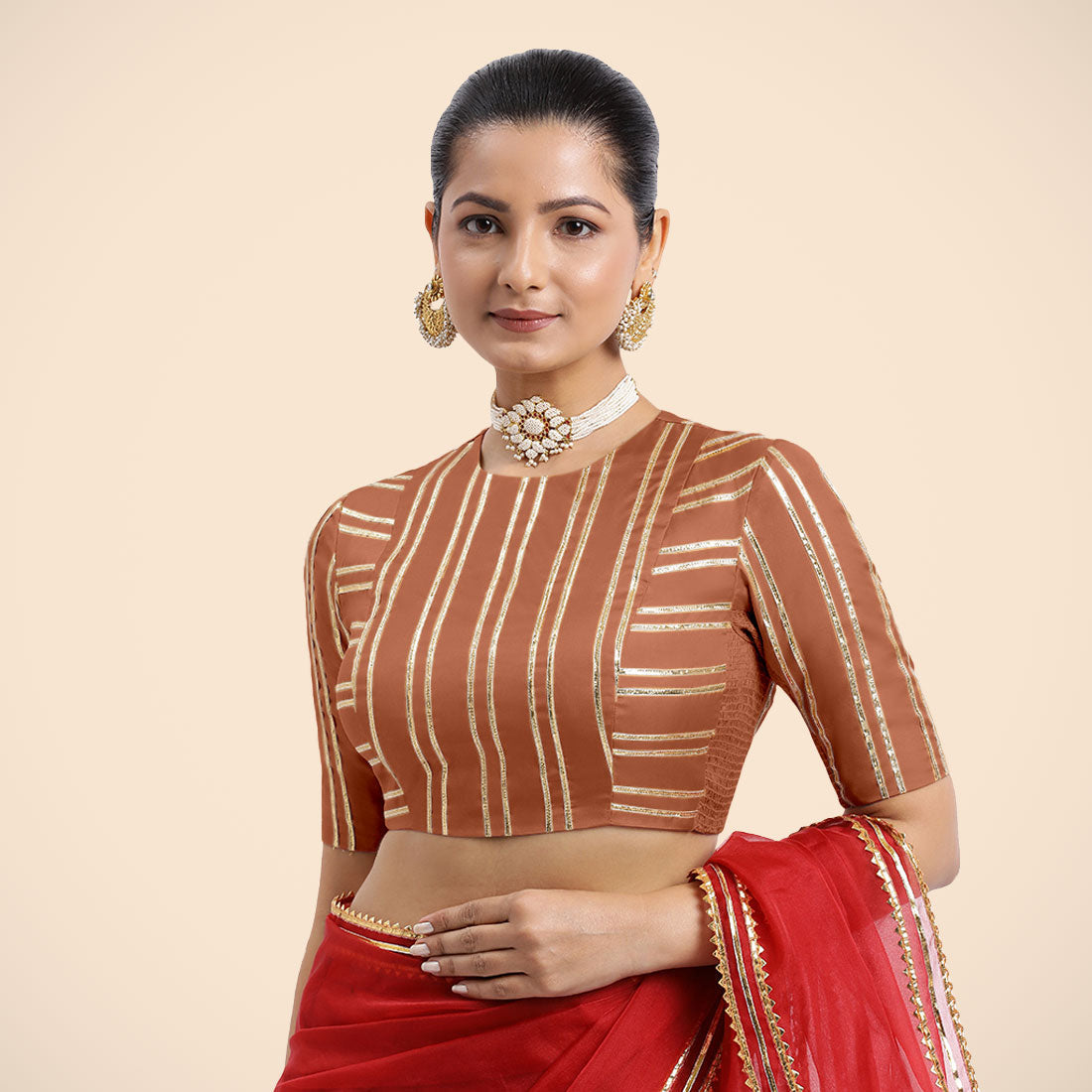 Shaheen Metallic Copper Saree Blouse with Gota Patti for Party