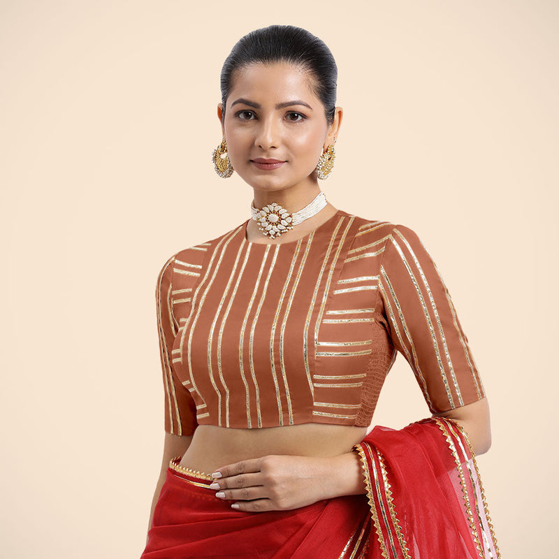 Shaheen x Tyohaar | Metallic Copper Elbow Sleeves FlexiFit™ Saree Blouse with Zero Neck with Back Cut-Out and Golden Gota Embellishment-Binks