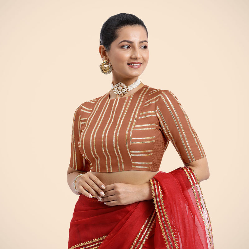 Shaheen x Tyohaar | Metallic Copper Elbow Sleeves FlexiFit™ Saree Blouse with Zero Neck with Back Cut-Out and Golden Gota Embellishment-Binks