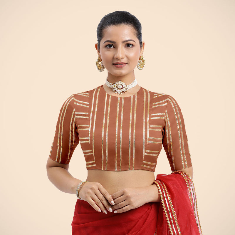 Shaheen x Tyohaar | Metallic Copper Elbow Sleeves FlexiFit™ Saree Blouse with Zero Neck with Back Cut-Out and Golden Gota Embellishment-Binks