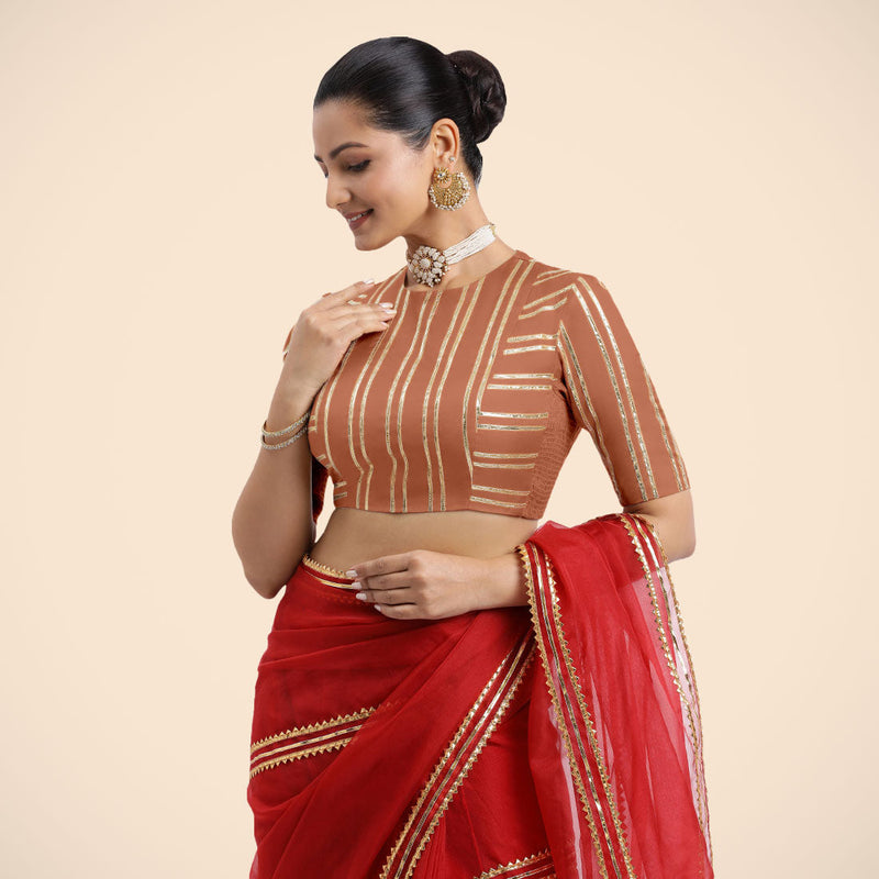 Shaheen x Tyohaar | Metallic Copper Elbow Sleeves FlexiFit™ Saree Blouse with Zero Neck with Back Cut-Out and Golden Gota Embellishment-Binks