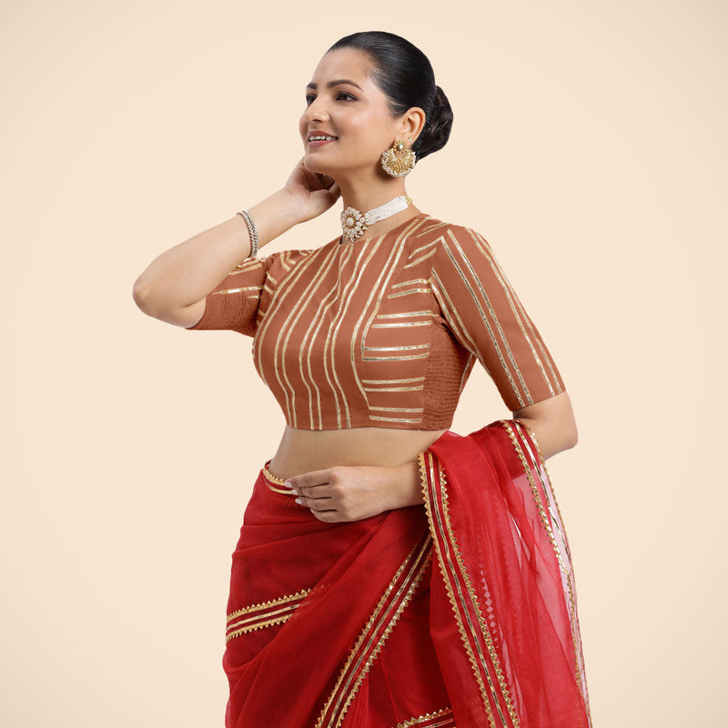 Shaheen x Tyohaar | Metallic Copper Elbow Sleeves FlexiFit™ Saree Blouse with Zero Neck with Back Cut-Out and Golden Gota Embellishment-Binks