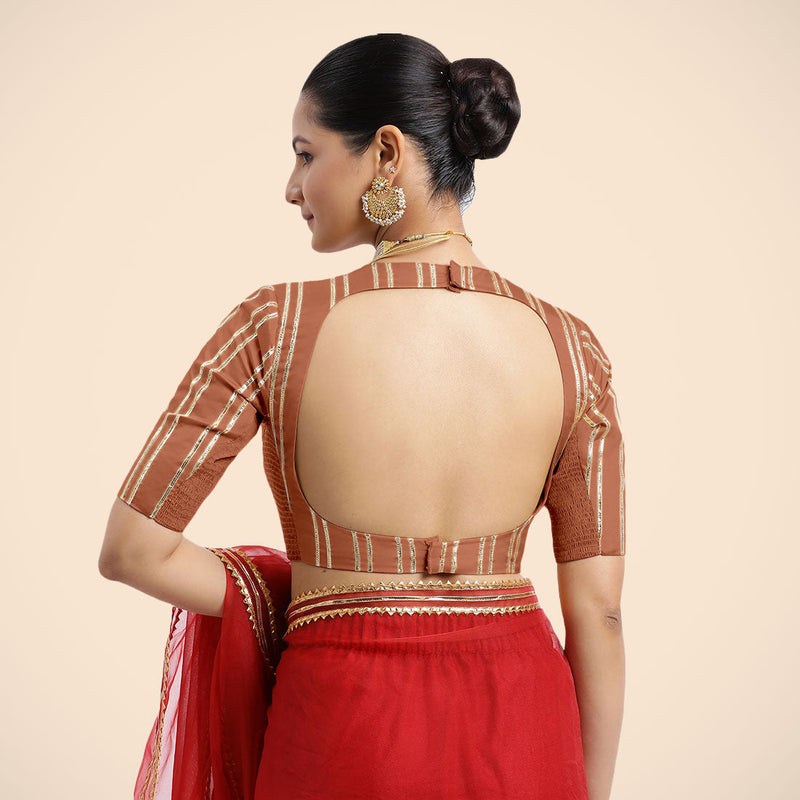 Shaheen x Tyohaar | Metallic Copper Elbow Sleeves FlexiFit™ Saree Blouse with Zero Neck with Back Cut-Out and Golden Gota Embellishment-Binks
