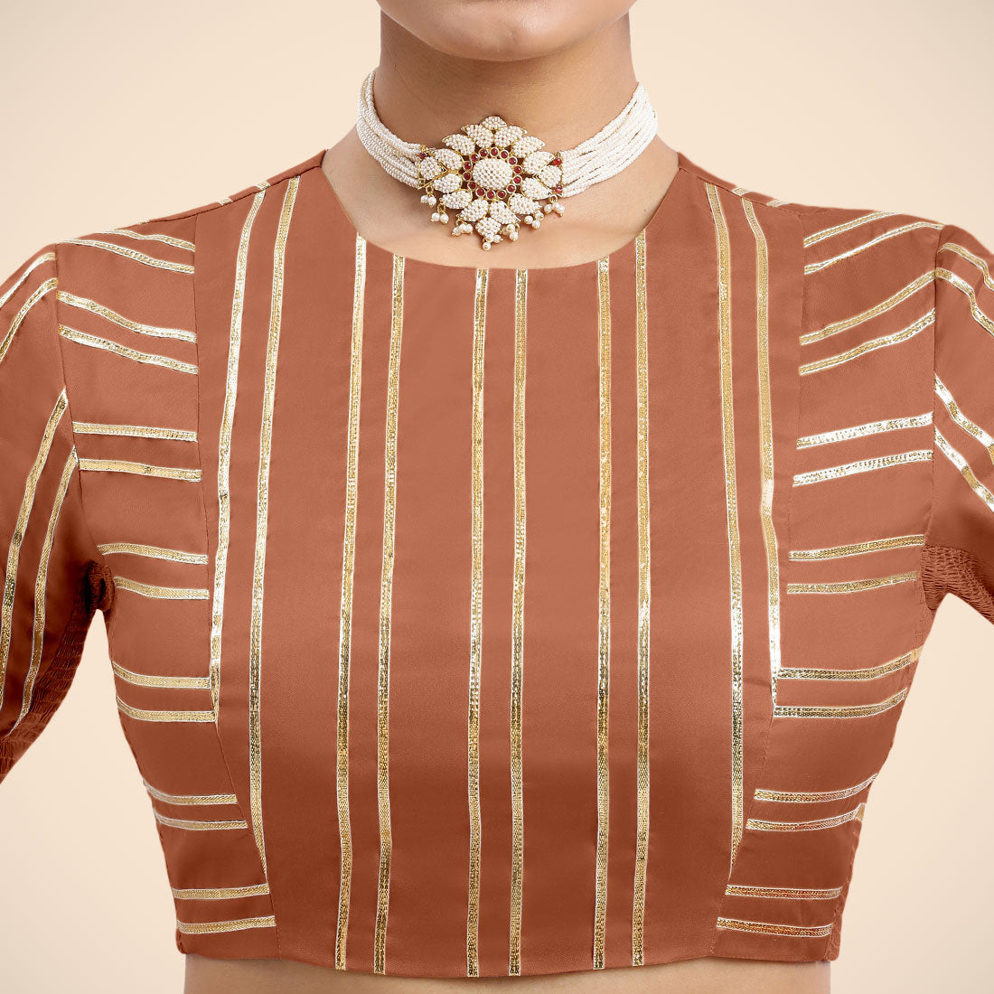 Shaheen x Tyohaar Saree Blouse, in Copper Vegan Silk, featuring elbow sleeves, made for party & festive (view 8).