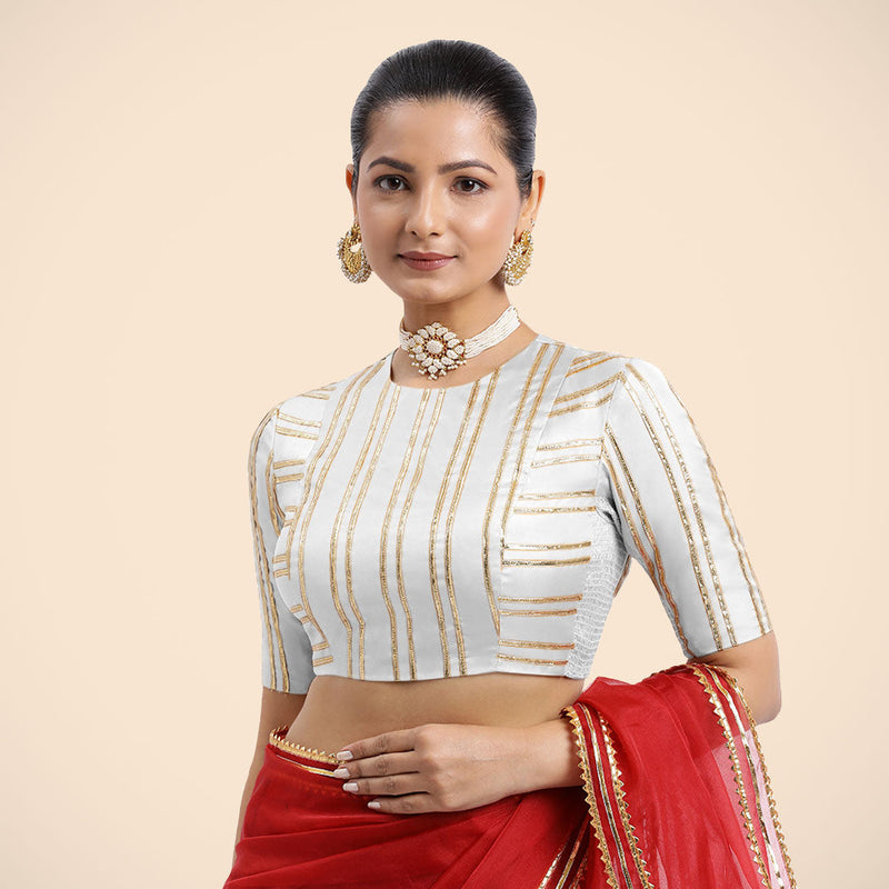 Shaheen x Tyohaar | Pearl White Elbow Sleeves FlexiFit™ Saree Blouse with Zero Neck with Back Cut-Out and Golden Gota Embellishment-Binks