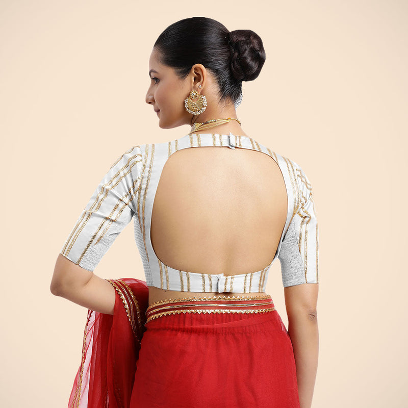 Shaheen x Tyohaar | Pearl White Elbow Sleeves FlexiFit™ Saree Blouse with Zero Neck with Back Cut-Out and Golden Gota Embellishment-Binks