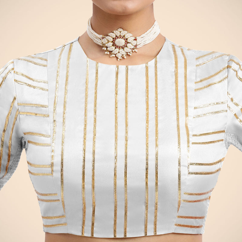 Shaheen x Tyohaar | Pearl White Elbow Sleeves FlexiFit™ Saree Blouse with Zero Neck with Back Cut-Out and Golden Gota Embellishment-Binks