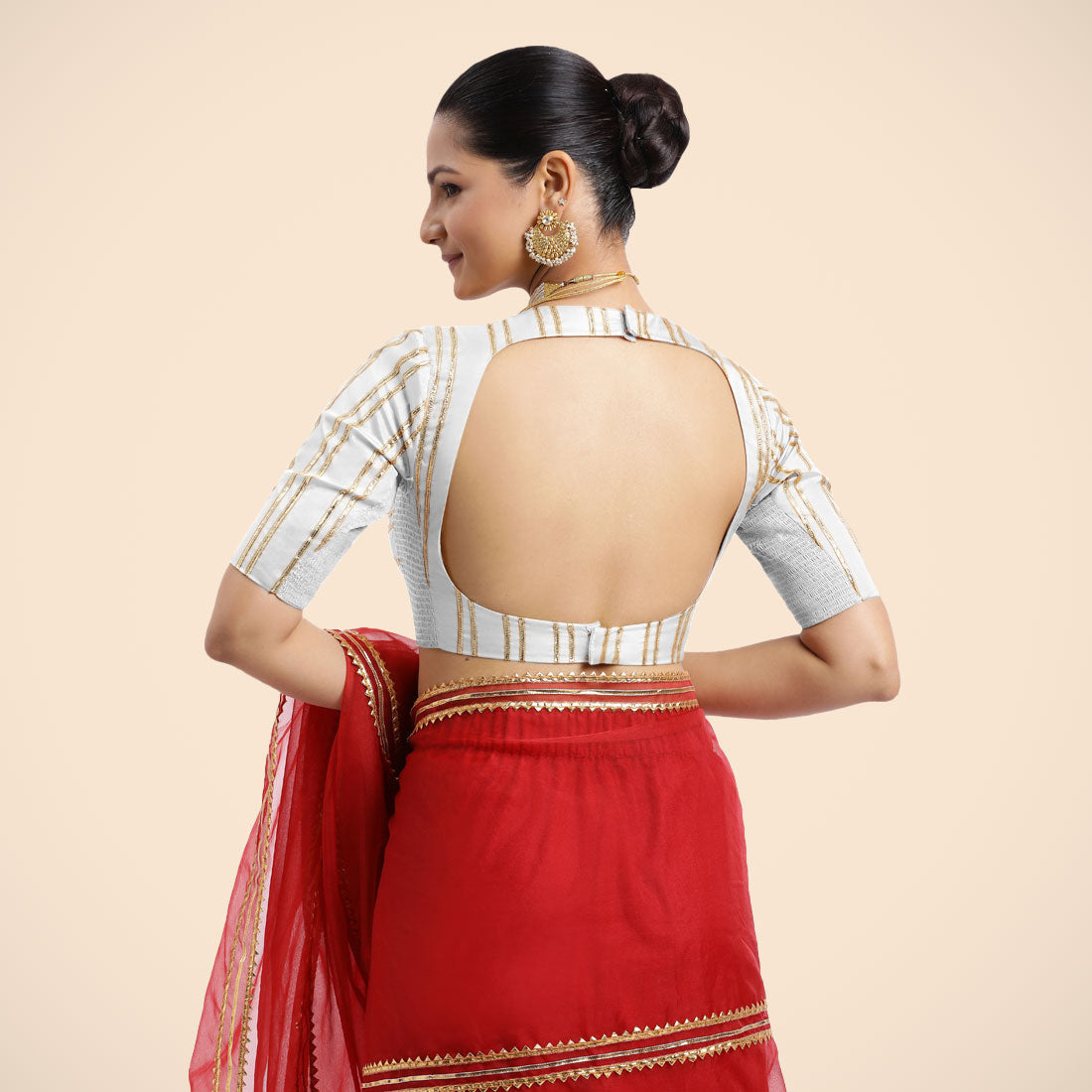 Shaheen x Tyohaar Saree Blouse, in White Vegan Silk, featuring elbow sleeves, made for party & festive (view 2).